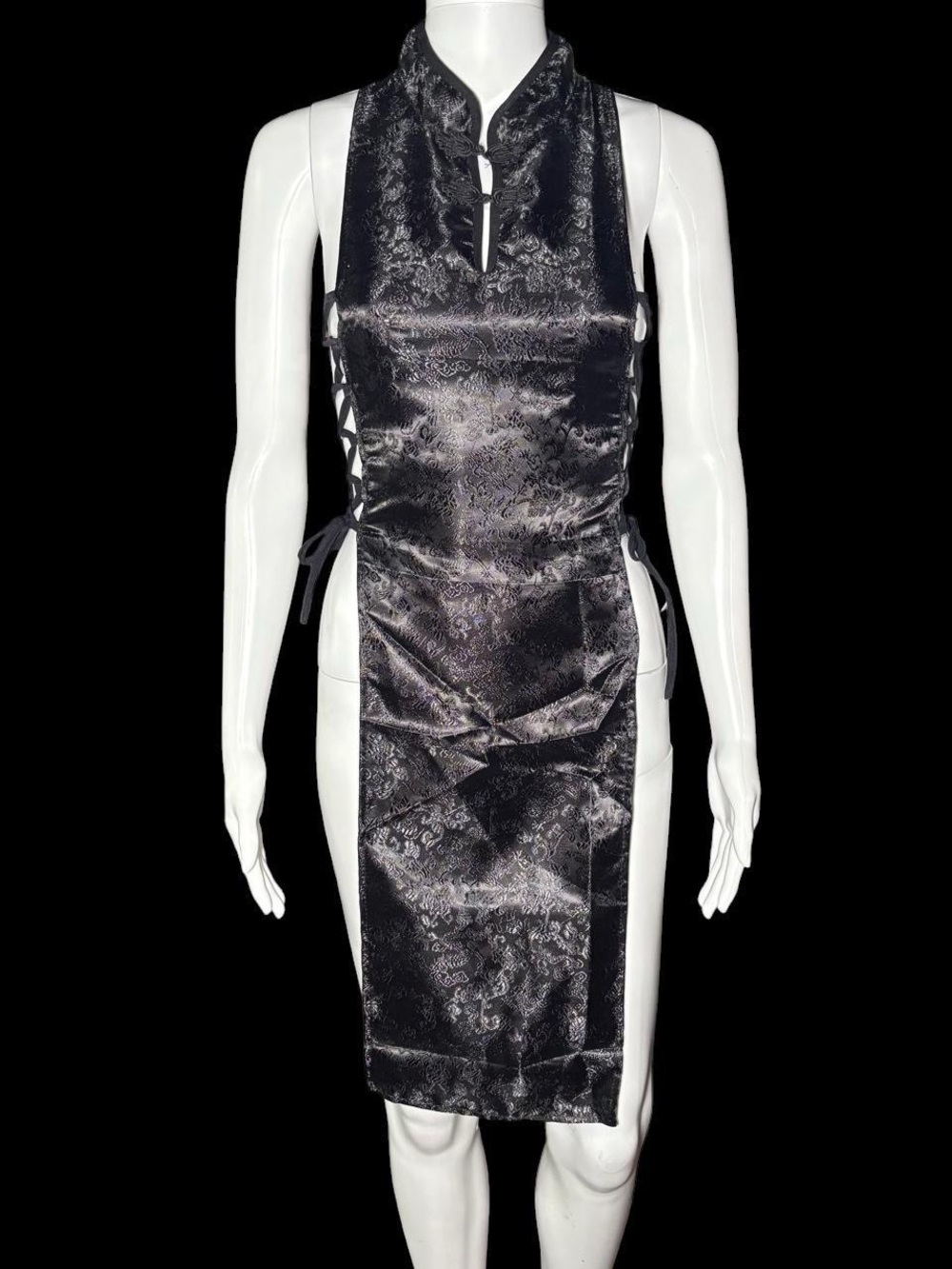 Black Satin Brocade Cheongsam-Style Side-Tie Dress
